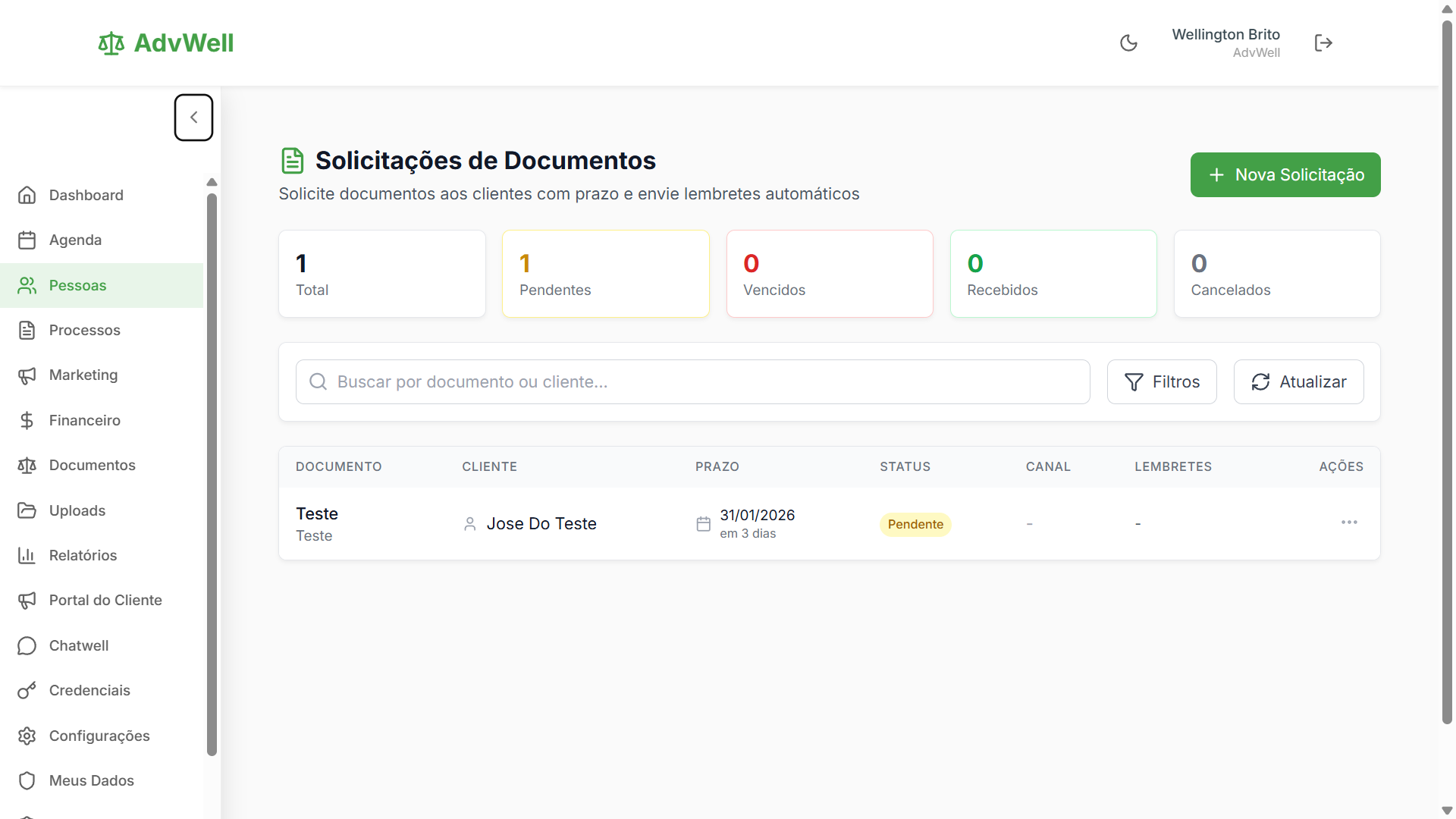 Solicitação de documentos ao cliente